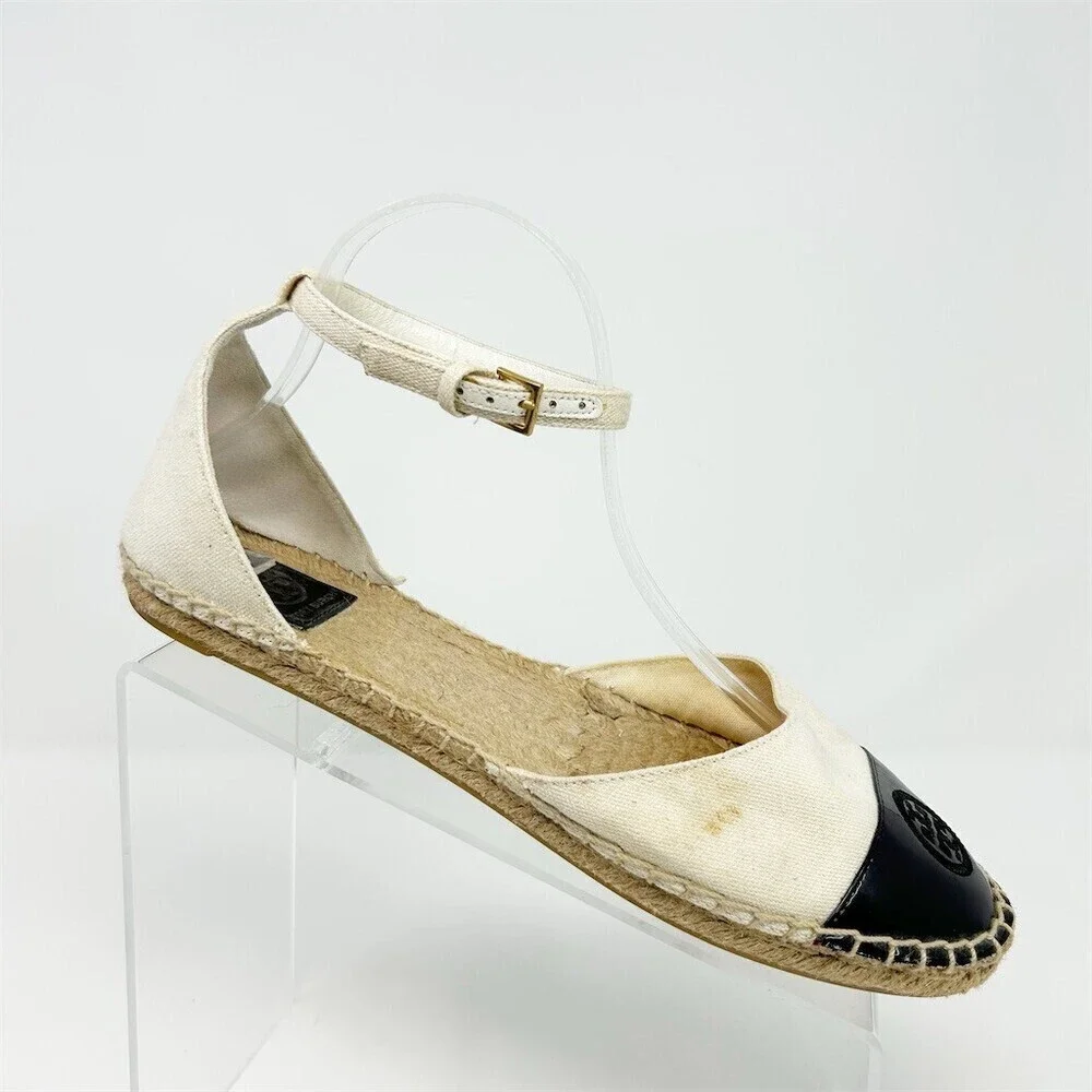 Tory Burch Womens Espadrille D'Orsay Flat Sandals Ivory/Black Logo Cap Toe 9.5